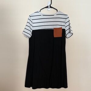 Striped Black and White Midi Dress with Orange Pocket